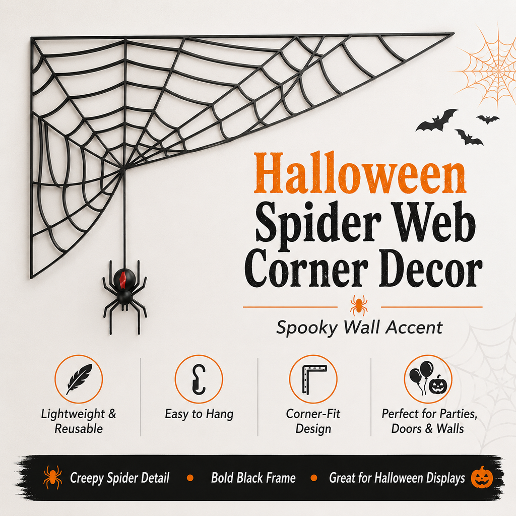 Halloween Spider Web Corner Decor – Black Hanging Spider Wall Decoration