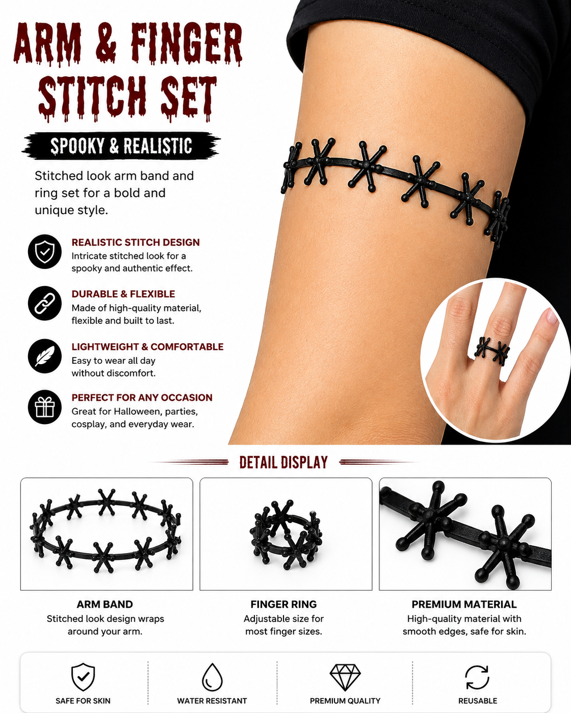 Halloween Faux Stitch Accessories – Mouth, Arm & Finger Horror Costume Decor