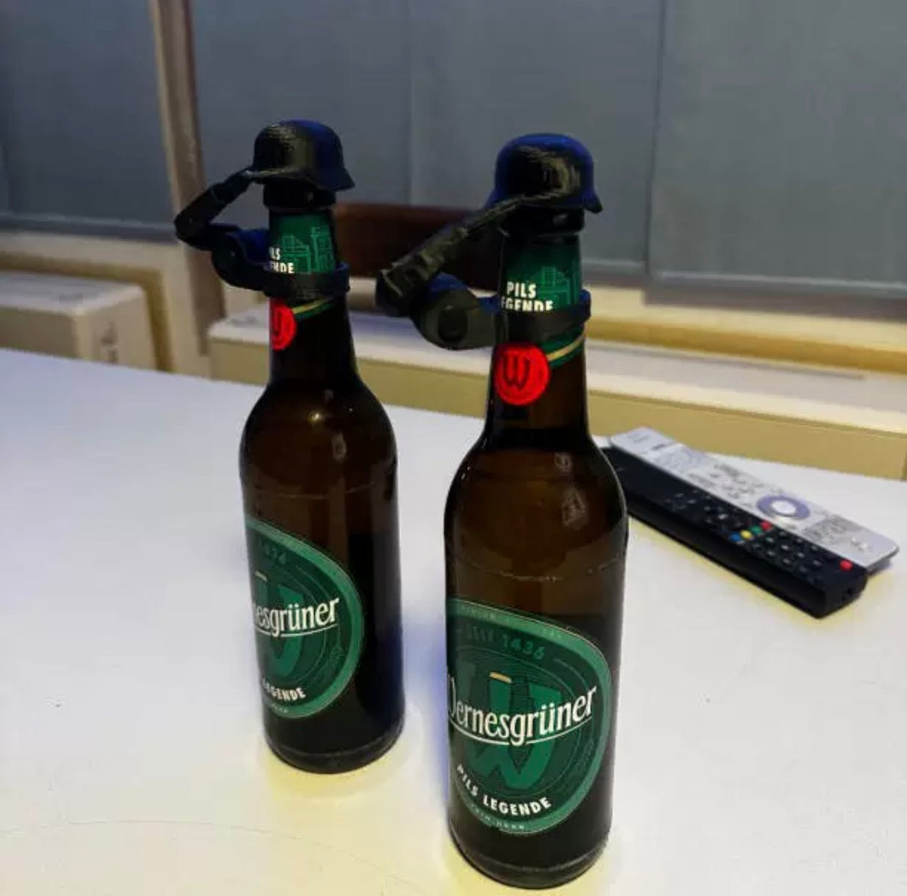 Soldier salutes the beer bottle cap