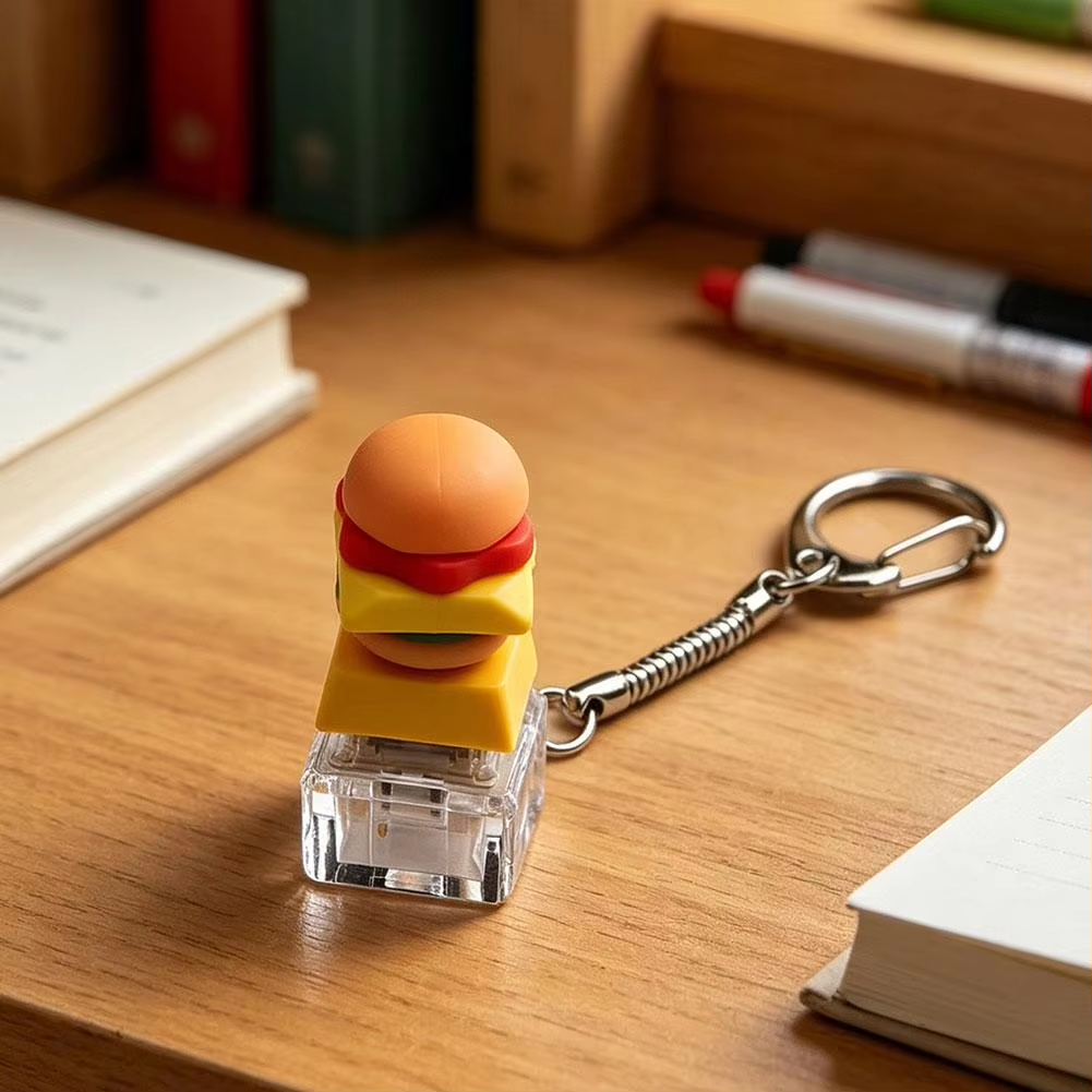 Hamburg Keyboard Keychain Fidget Toy, Mini Finger Button Clicker Decompression Toy, Cute French Fry Keycap Stress Relief Gifts