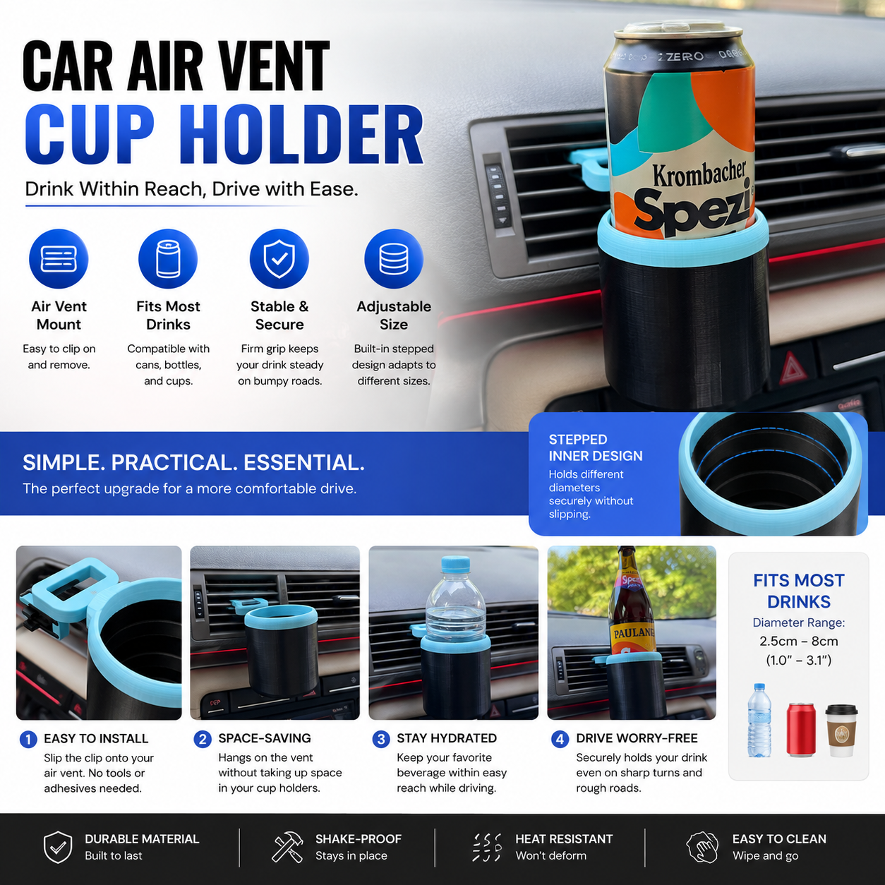Universal Car Air Vent Cup Holder – Adjustable Drink Holder for Cans, Bottles & Cups