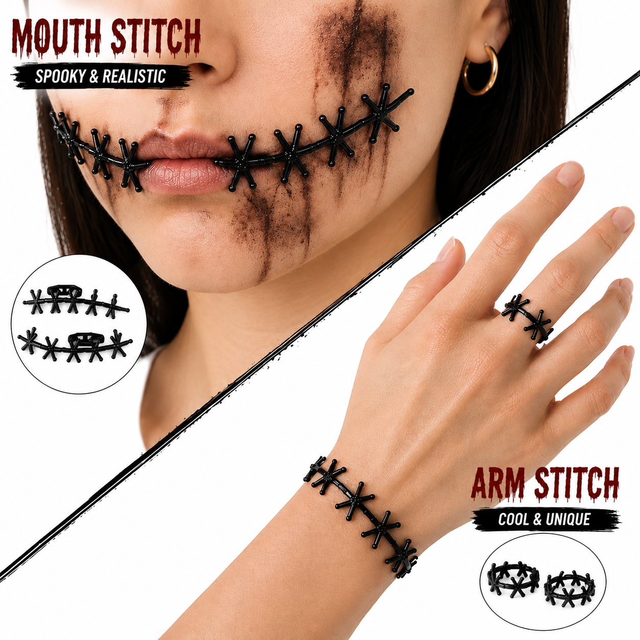 Halloween Faux Stitch Accessories – Mouth, Arm & Finger Horror Costume Decor