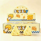 A soft and pliable cheese-shaped squeeze and release toy for relieving stress