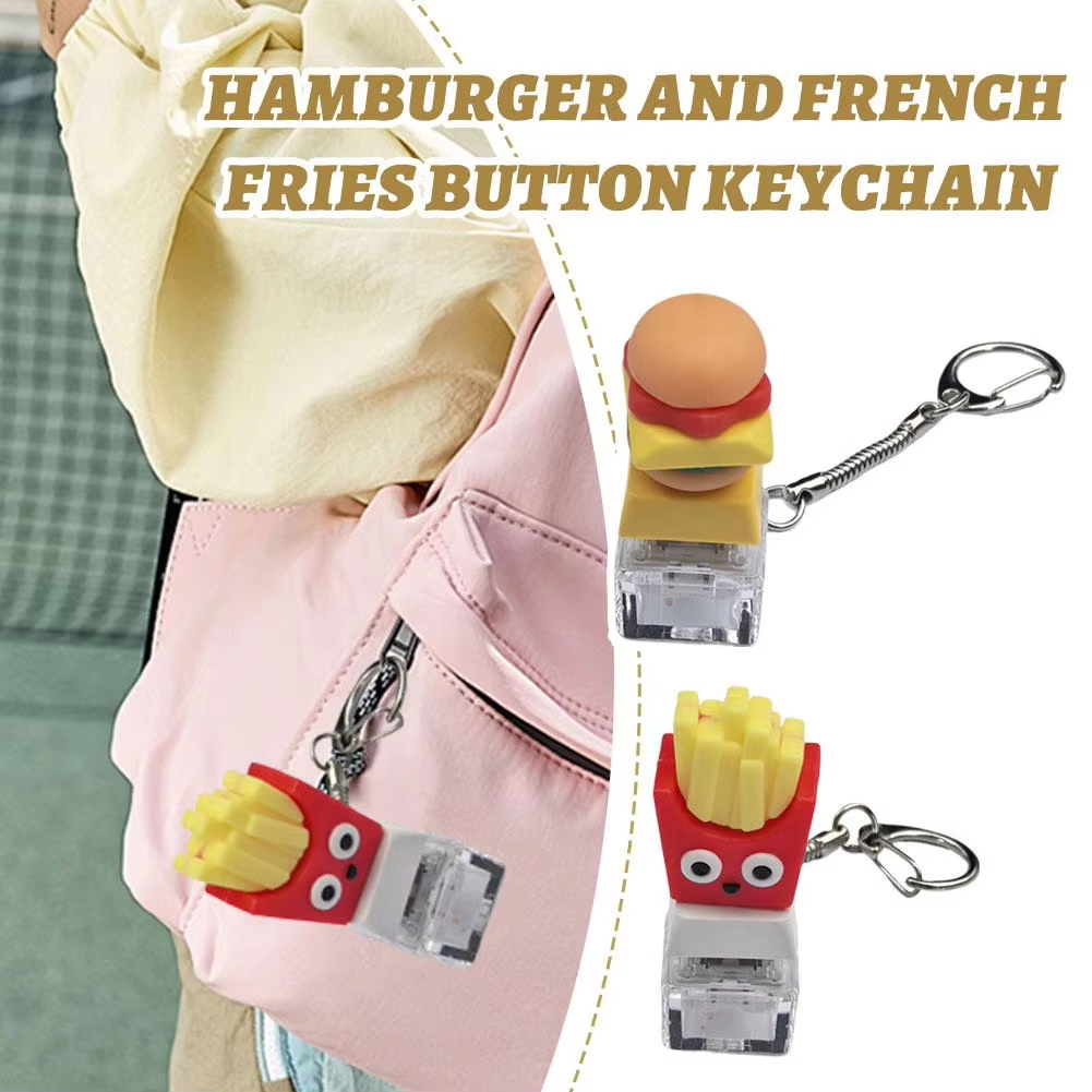 Hamburg Keyboard Keychain Fidget Toy, Mini Finger Button Clicker Decompression Toy, Cute French Fry Keycap Stress Relief Gifts