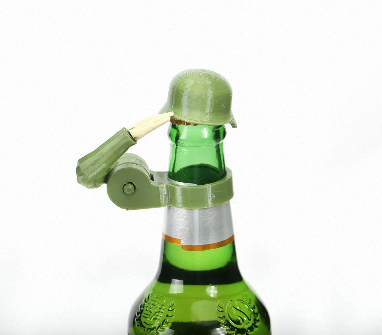 Soldier salutes the beer bottle cap