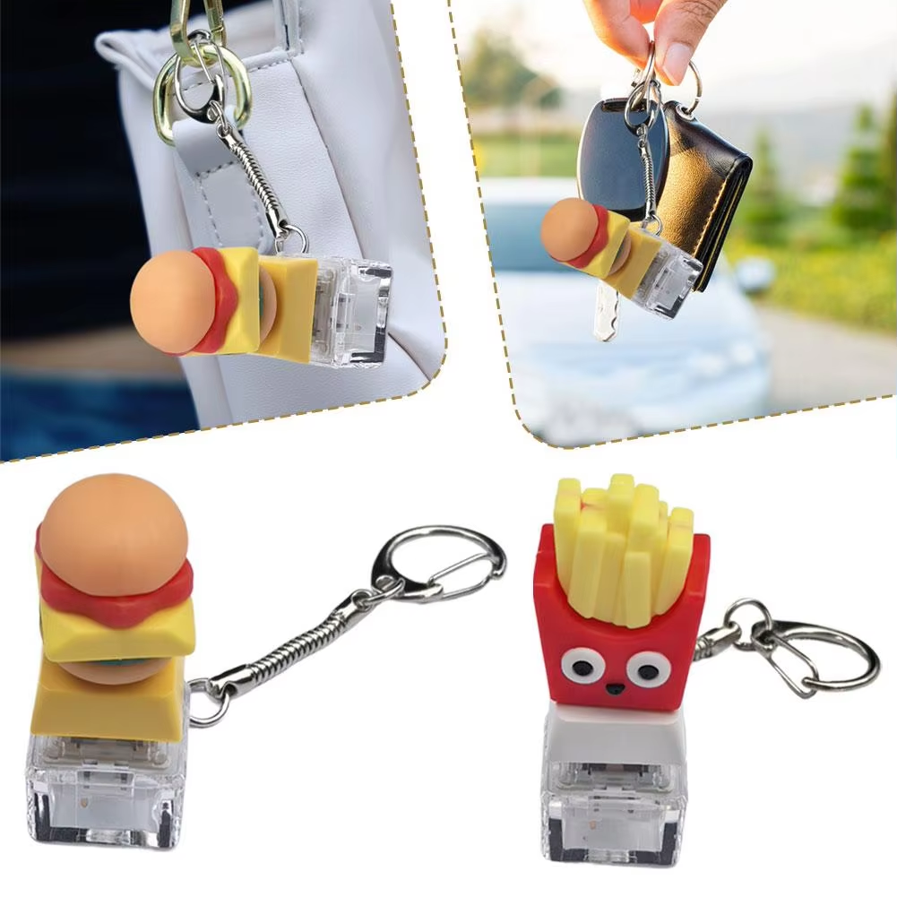 Hamburg Keyboard Keychain Fidget Toy, Mini Finger Button Clicker Decompression Toy, Cute French Fry Keycap Stress Relief Gifts