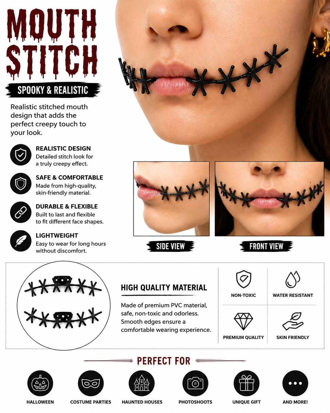 Halloween Faux Stitch Accessories – Mouth, Arm & Finger Horror Costume Decor