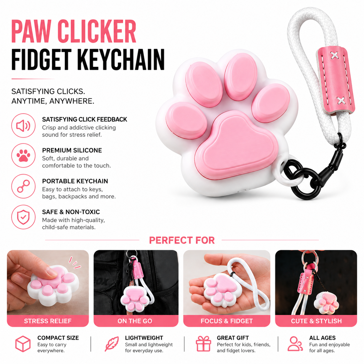 Cat Paw Fidget Clicker Keychain – Portable Stress Relief Click Toy