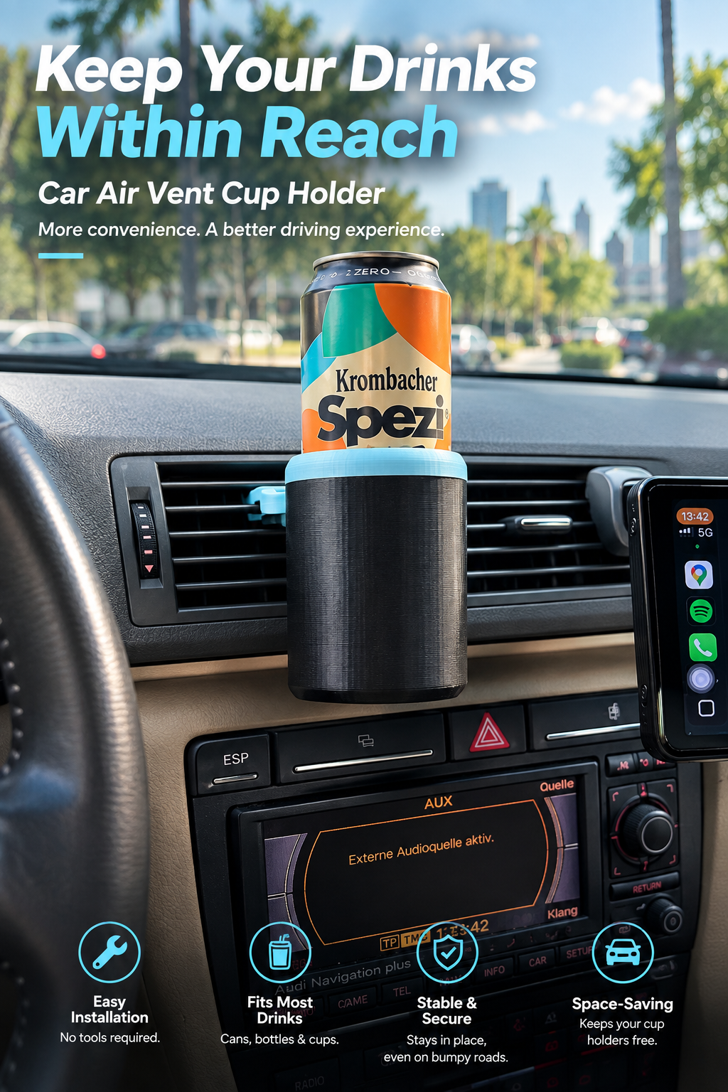 Universal Car Air Vent Cup Holder – Adjustable Drink Holder for Cans, Bottles & Cups