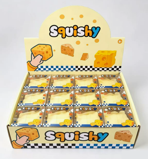 A soft and pliable cheese-shaped squeeze and release toy for relieving stress